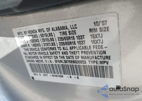 2008 Honda Odyssey Ex-L из США, поврежденный, VIN 5FNRL38768B006853